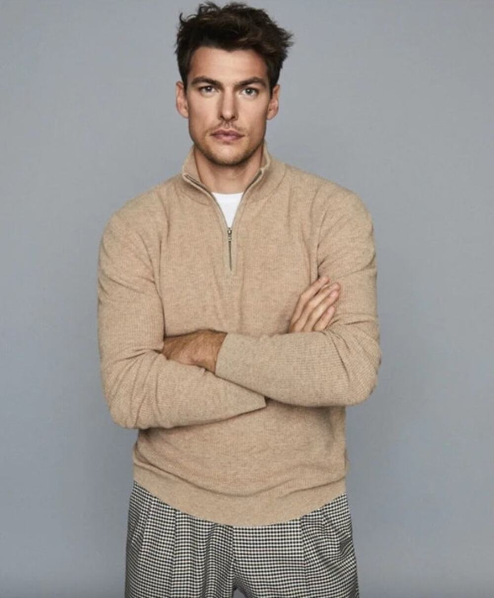 REISS Adam Zip Neck Jumper Size M NEW Oatmeal Cream Knit Sweater $220